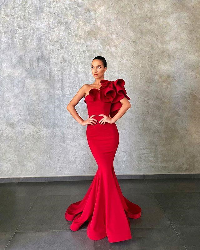 Elegant Red Mermaid Evening Dresses with Ruffles One Shoulder Handmade Sexy Prom Gowns 2020 Pageant Party Dress