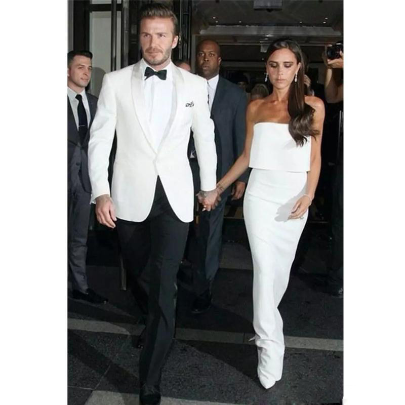 Simple Design Handsome Men Suits Two Pieces (White Coat+Black Pant) Formal Banquet Suits With Shawl Lapel One Button Wedding Men Wear