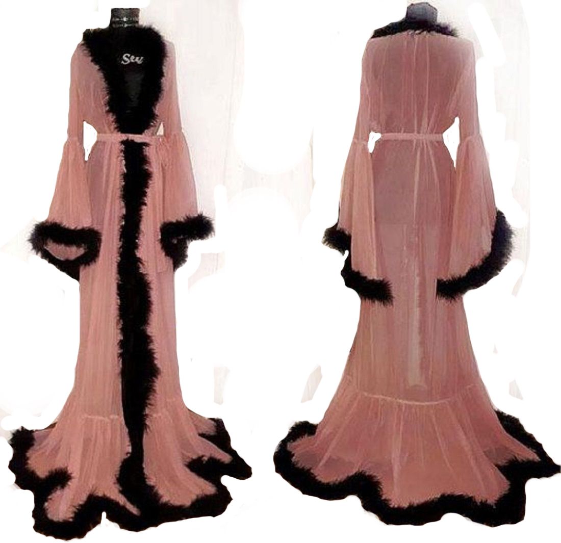 pink wedding robes fur ribbon sash high vneck long sleeves bathrobes night gowns for women custom made sweep train pajamas sleepwear cheap