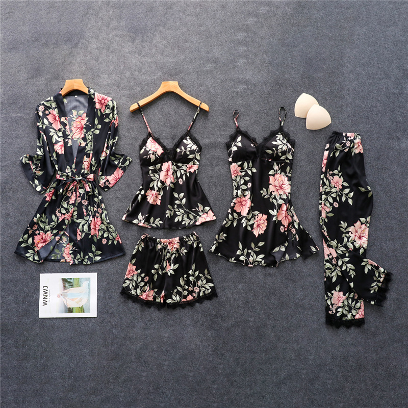Autumn Women Pamas Sets Sleep Comfort Satin Sleepwear Lace Silk 5 Pieces Camisole+Robe+Pants Pyjama Femme Home Suit