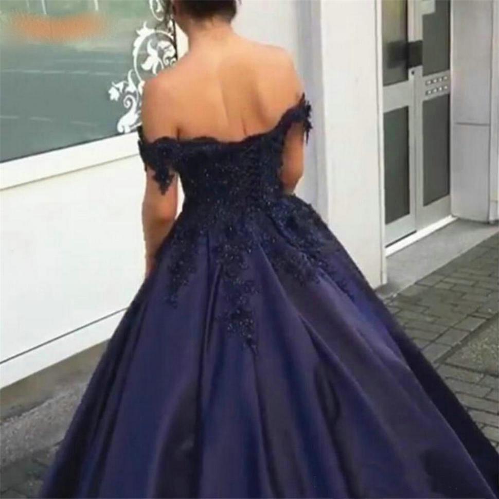 Country Dark Navy Ball Gown Dresses Off Shoulder Appliques Beaded Satin Formal Prom Dress Evening Party Gowns B70 0510