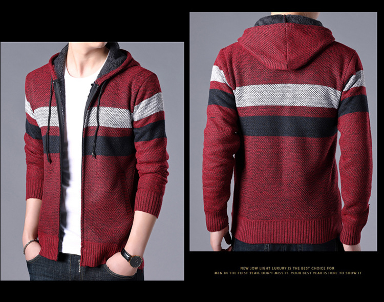 Sweater Coat Men Winter Thick Fleece Hooded Cardigan Jumpers Men Striped Wool Zipper Coats Casual Knit Sweater Outerwear V191022