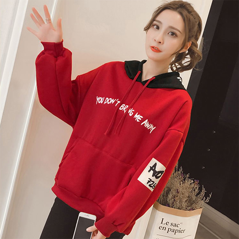 Harajuku Hooded Letter Print Women's Sweatshirt Black Red Patchwork Hoodies Women 2019 Spring Contrast Color Loose Hoody Female T200407