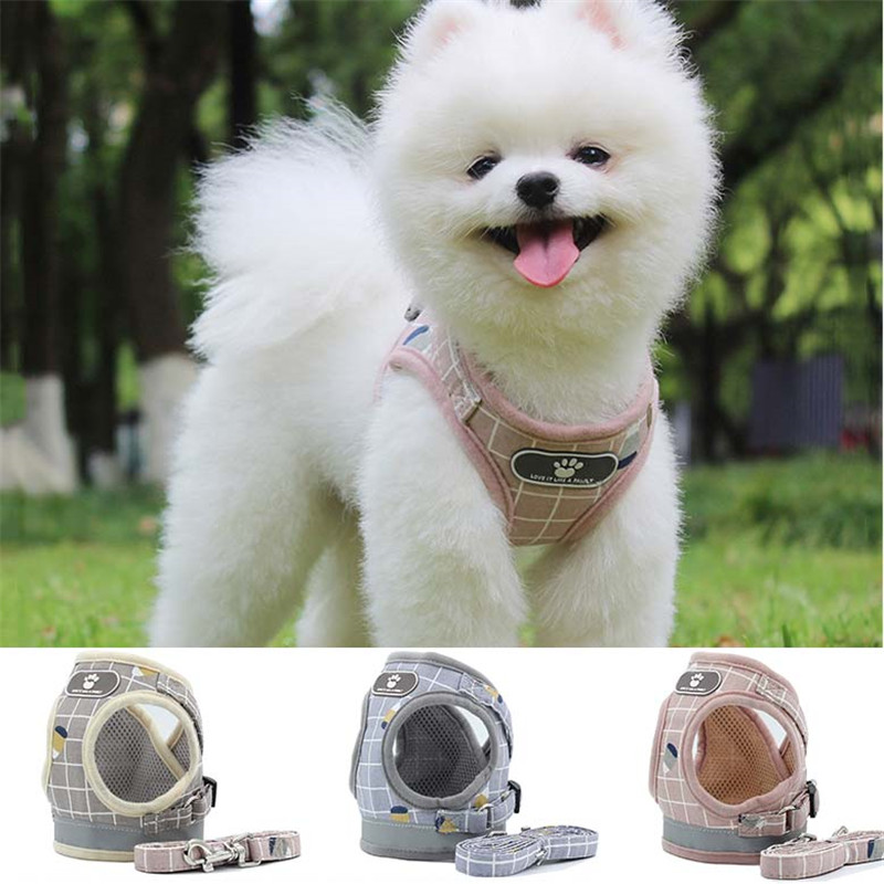 Reflective Stripe Dog Harness and Leash Set Polyester Safe for Walking Solid Pattern All Sizes Gray Pink Summer