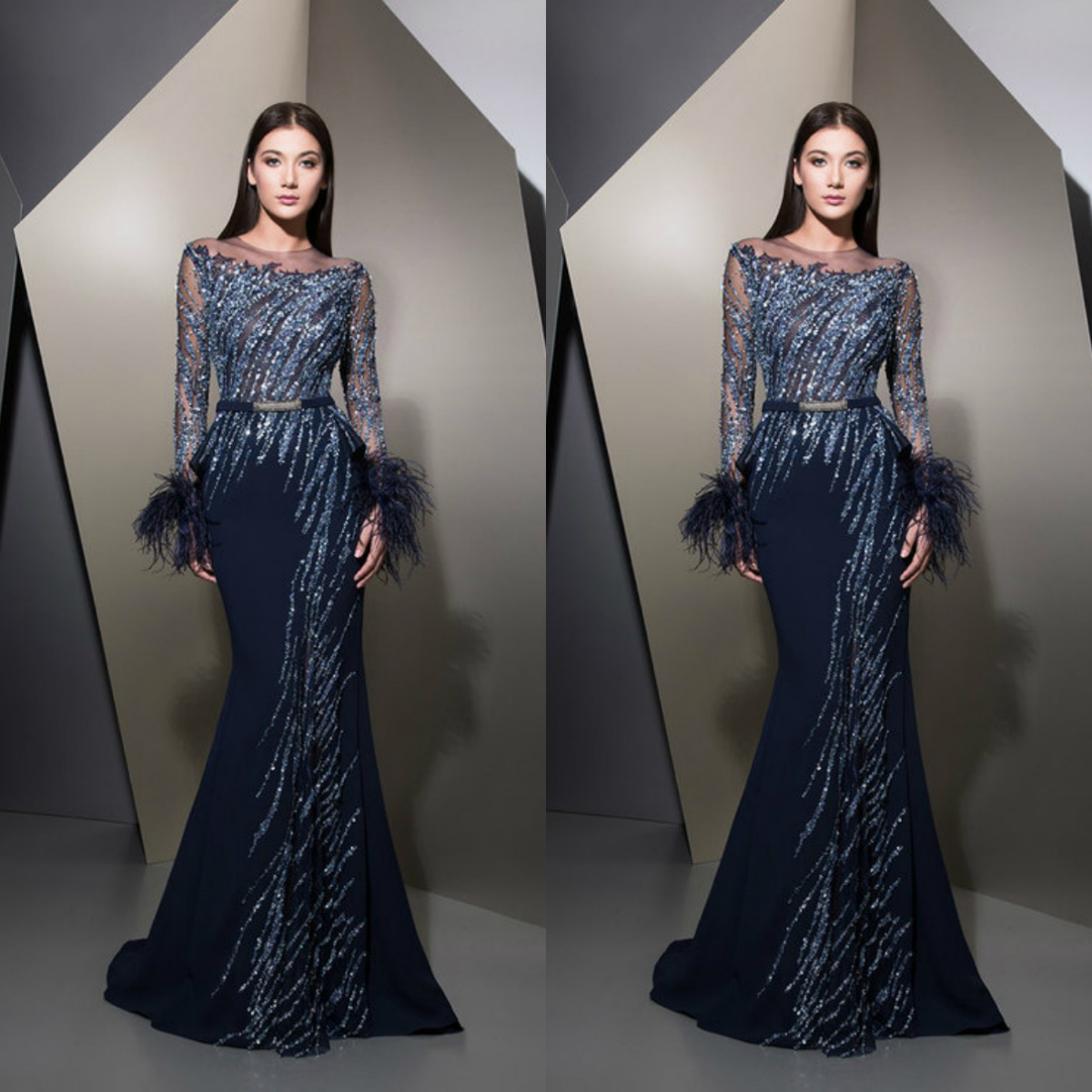 Ziad Nakad Mermaid Evening Dresses Feather Beads Sequins Long Sleeve Prom Gowns Plus Size Customized Formal Party Dress