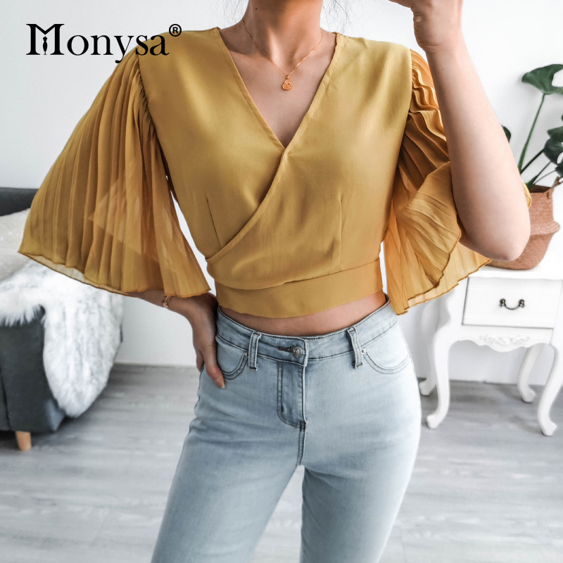 Pleated Flare Sleeve Crop Top Women 2020 Summer Fashion New Arrival Chiffon Blouse Ladies Sexy Backless Shirt With Bow Yellow
Pleated Flare Sleeve Crop Top Women 2020 Summer Fashion New Arrival Chiffon Blouse Ladies Sexy Backless Shirt With Bow Yellow