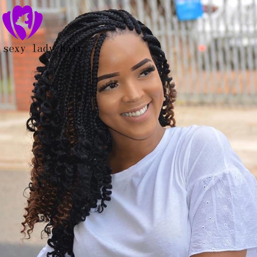 Free shipping Handmade africa braided style short curly wig black/brown /blonde /bury red Box Braid Braided Lace Front Wig With Curly End for women
