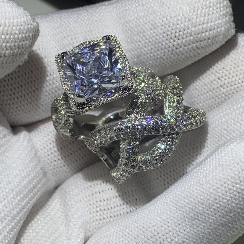 US Size 5-10 Hip Hop Vintage Fashion Jewelry 925 Sterling Silver Couple Rings Princess Cut White Topaz CZ Diamond Wedding Bridal Ring Set