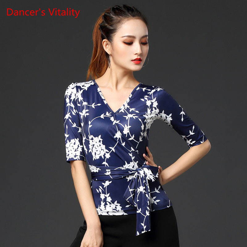 

Latin Dance Clothes New Female Adult Sexy Tops V-Neck Ballroom National Standard Dancing Profession Practice Clothing, Blue vs white