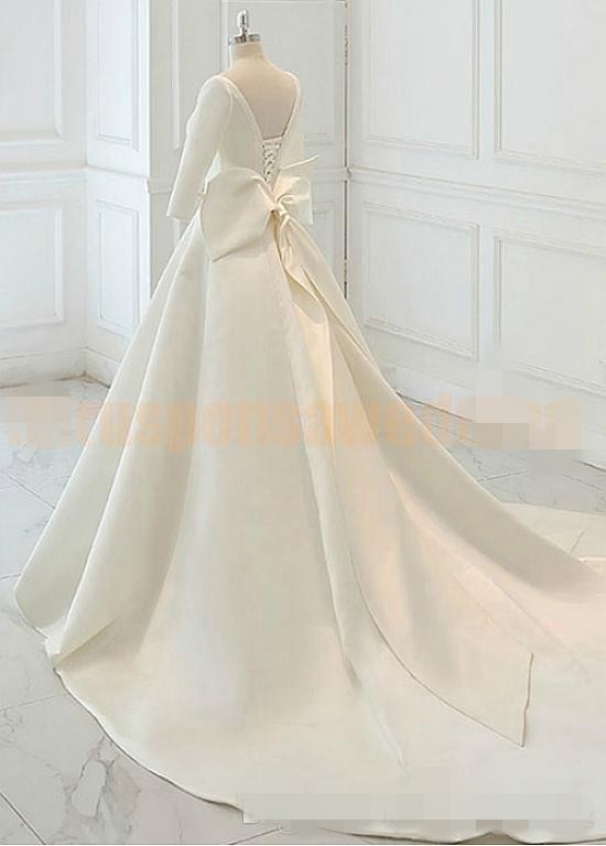 2020 Simple Satin Wedding Dresses 3/4 Long Sleeves Bow Lace Up Back Cathedral Train Wedding Gown Custom Made Vestido de novia