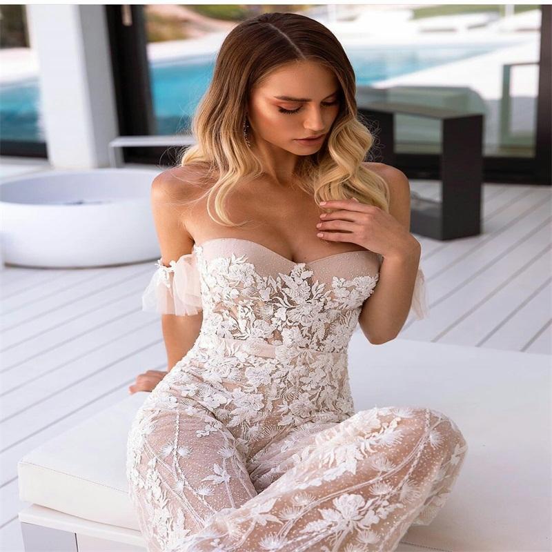 modest jumpsuit dresses off the shoulder lace appliques bridal backless country wedding gowns