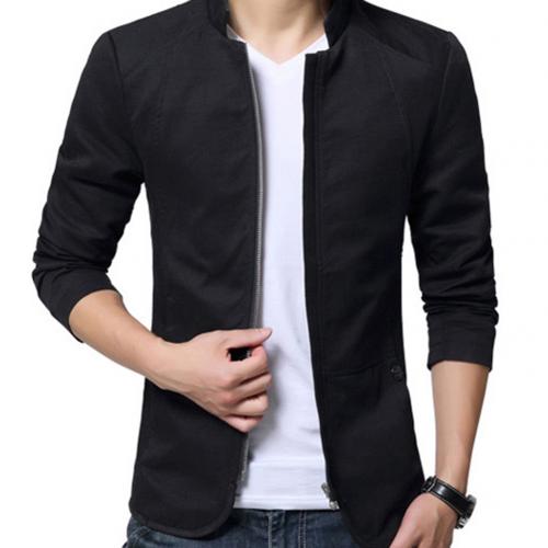 Casual Men Autumn Solid Color Stand Collar Zipper Pockets Thin Slim Blazer Coat Mens Fashion Brand Blazer Jacket For Men