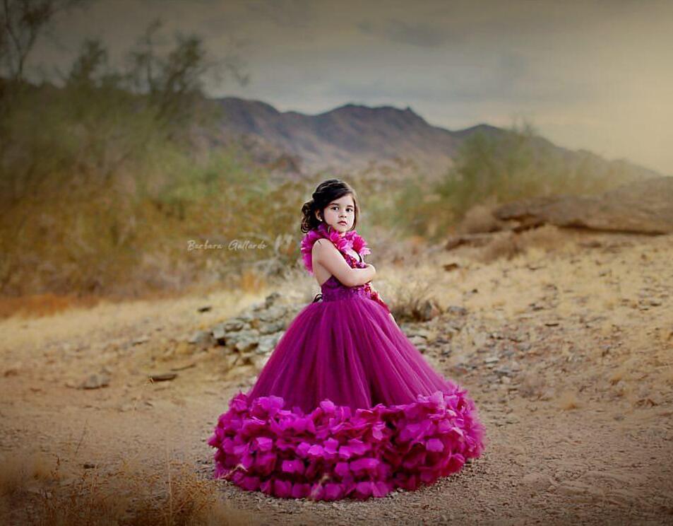 Fuchsia Flower Girl Dresses Lace Beaded V Neck Handmade Flowers Ball Gown Little Kids Birthday Party Wear Cute Girls Pageant Dress