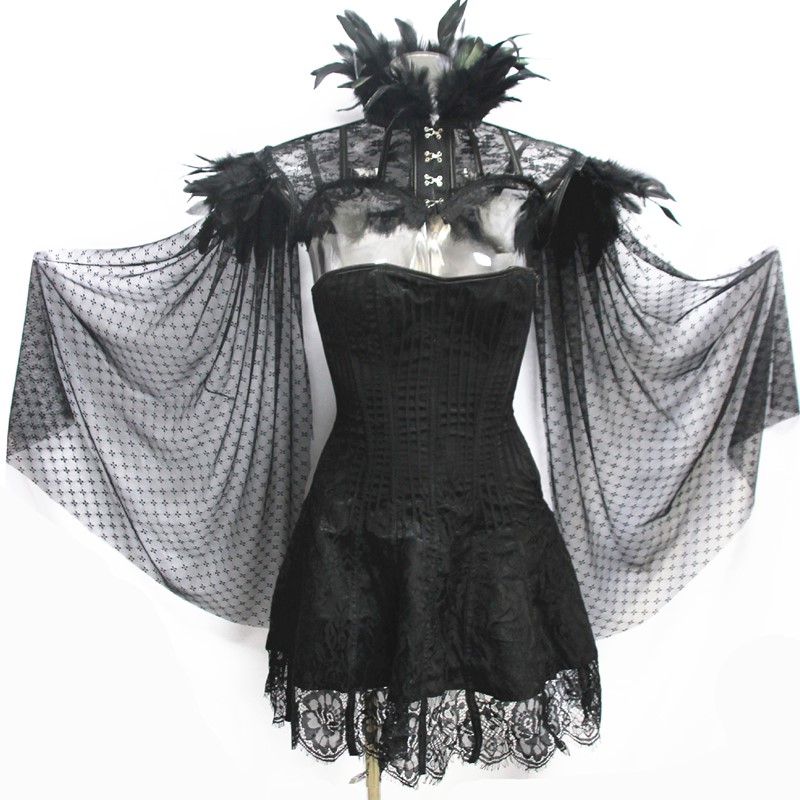 Women Steampunk Feathers Gothic Fake High Collar Lace Mesh Cape Shoulder Bolero Jacket Shrug Crop Tops Retro Vintage Halloween Rave Costume