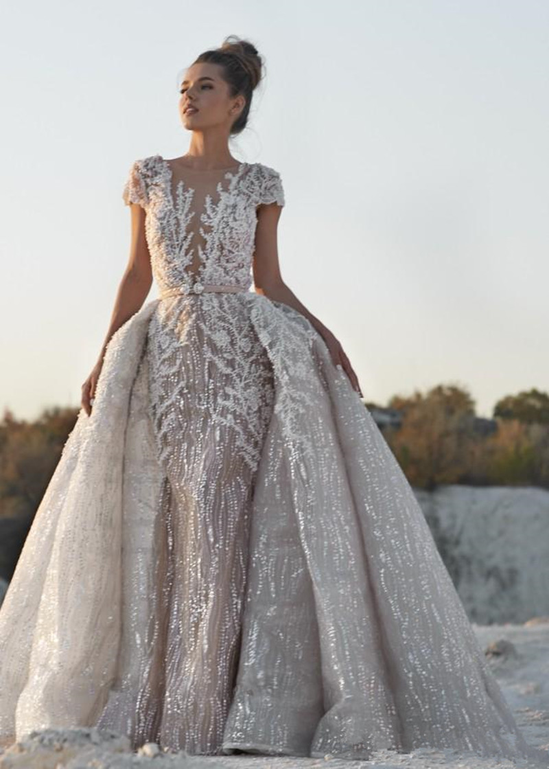 2024 Gorgeous Sequins Mermaid Wedding Dresses With Detachable Overskirts Lace Appliqued Vestidos De Novia Plus Size Country Bridal Gowns 87