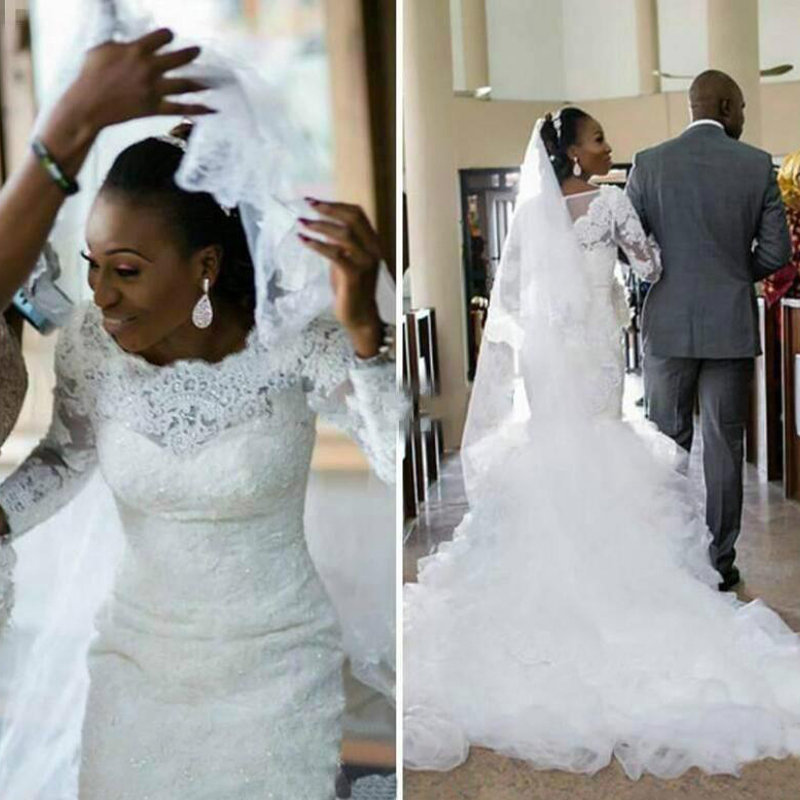 Vintage Lace Long Sleeves White Mermaid Wedding Dresses 2020 Sexy Tiered Ruffles Organza African Modest Wedding Bridal Gowns