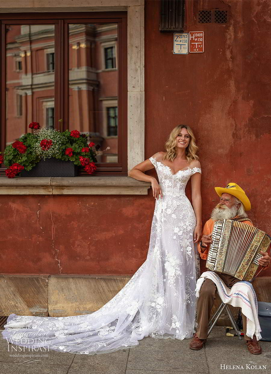 Lihi Hod Beach Wedding Dresses Lace Appliqued Tulle A-line Off The Shoulder Boho Bridal Gowns Sweep Train Bohemian Wedding Dress