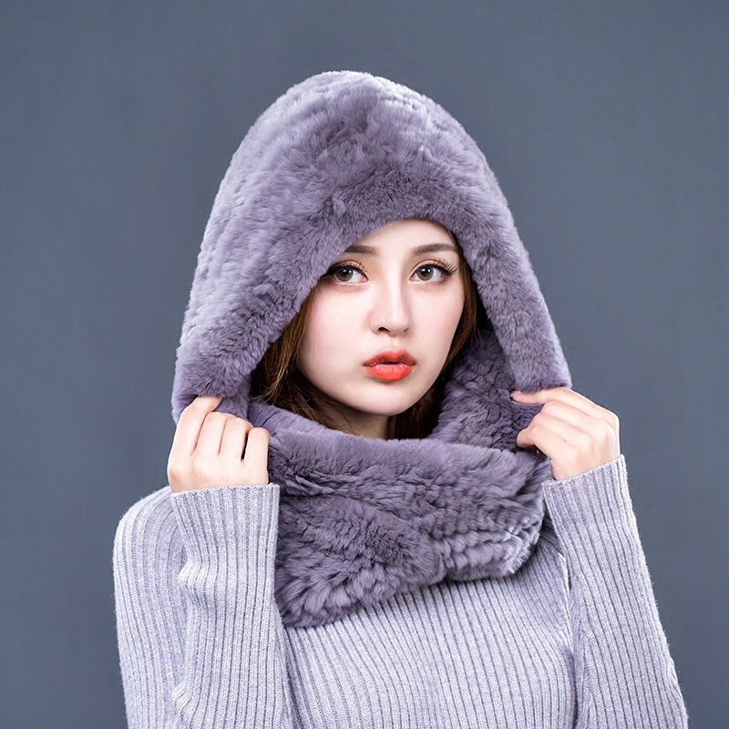 [Rancyword] Hat Women 2017 New Knitted Real Rex Rabbit Fur Hat Hooded Scarf Winter Warm Natural Fur Hat With Neck Scarves RC1319 Y18120302