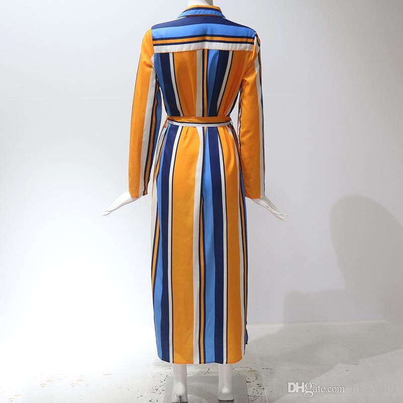 2020 Turn Down Collar Office Ladies Stripe Shirt Dress Long Chiffon Beach Dress Casual Long Sleeve Elegant Party Dress