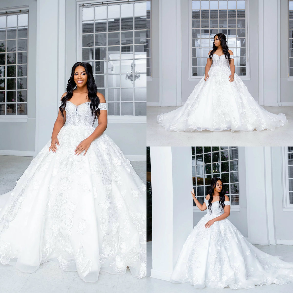 Gorgeous Ball Gown Wedding Dresses Off The Shoulder Lace 3D Floral Appliques Beaded Wedding Gowns Sweep Train Vestidos De Novia