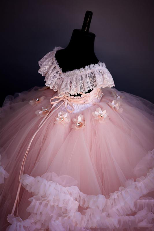 Pink Lace Beaded Flower Girl Dresses Ball Gown Hand Made Flowers Cheap Little Girl Wedding Dresses Vintage Girl Dresses Gowns