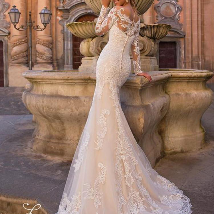 Lussano Mermaid Wedding Dresses With Detachable Train Off Shoulder Long Sleeve Bridal Gown Plus Size Lace Appliqued Wedding Dress