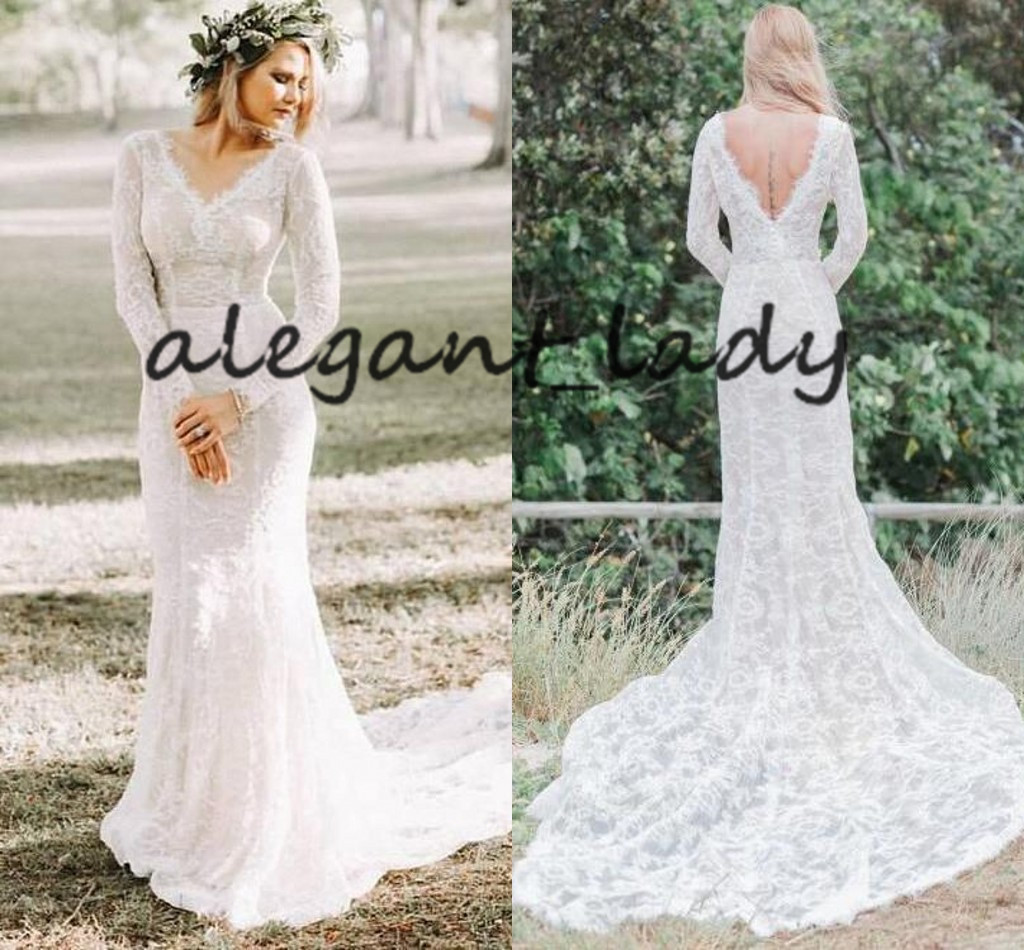 Mermaid Long Sleeve Wedding Dresses 2020 Modern V-neck Full Lace Applique Sweep Train Low Back Bohemian Country Bride Wedding Gown