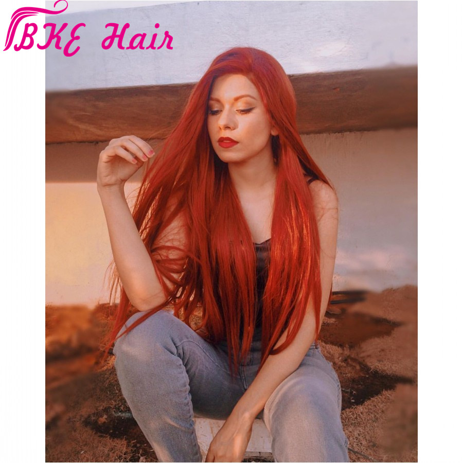 13x4 Lace Front wig simulation Human Hair Copper red/brown Colored Synthetic Wigs free Part Brazilian Lace Wig 180% for women