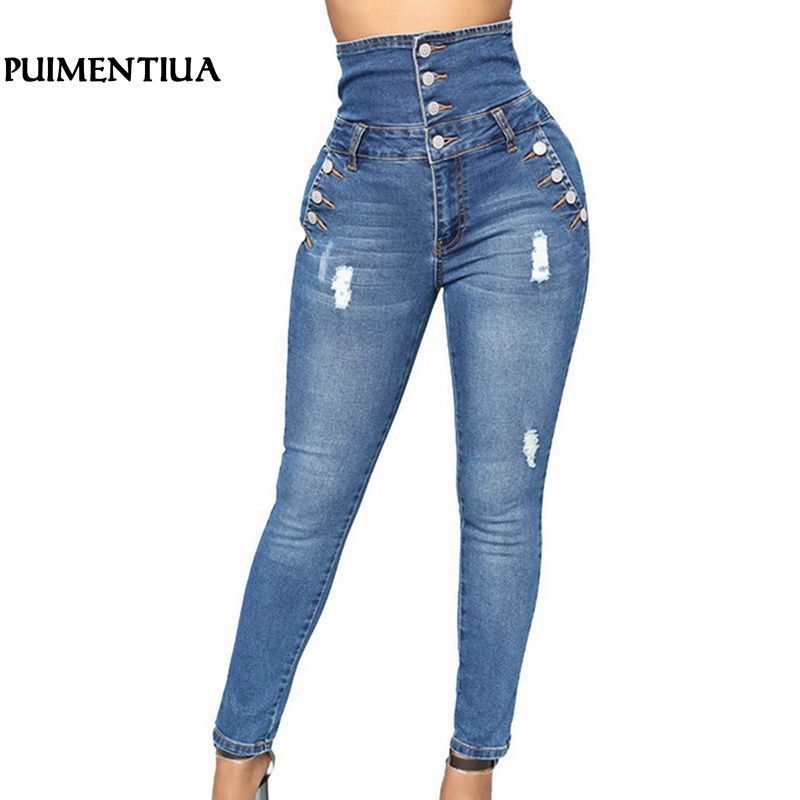 Puimentiua 2019 Women Sexy High Waist Denim Pecil Pants Mujer Hole Ripped Elastic Stretch Jeans Button Skinny Trousers Size Plus, Blue 
Puimentiua 2019 Women Sexy High Waist Denim Pecil Pants Mujer Hole Ripped Elastic Stretch Jeans Button Skinny Trousers Size Plus, Blue