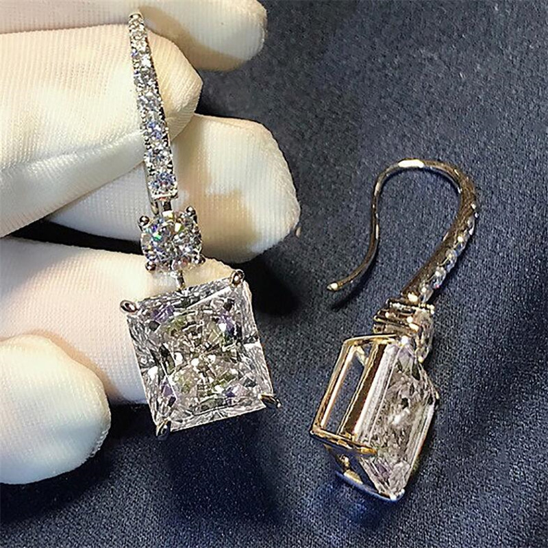 Princess Cut White Topaz Platinum Plated CZ Dia Dangle Sterg Sier Women Bridal Hook Earrings