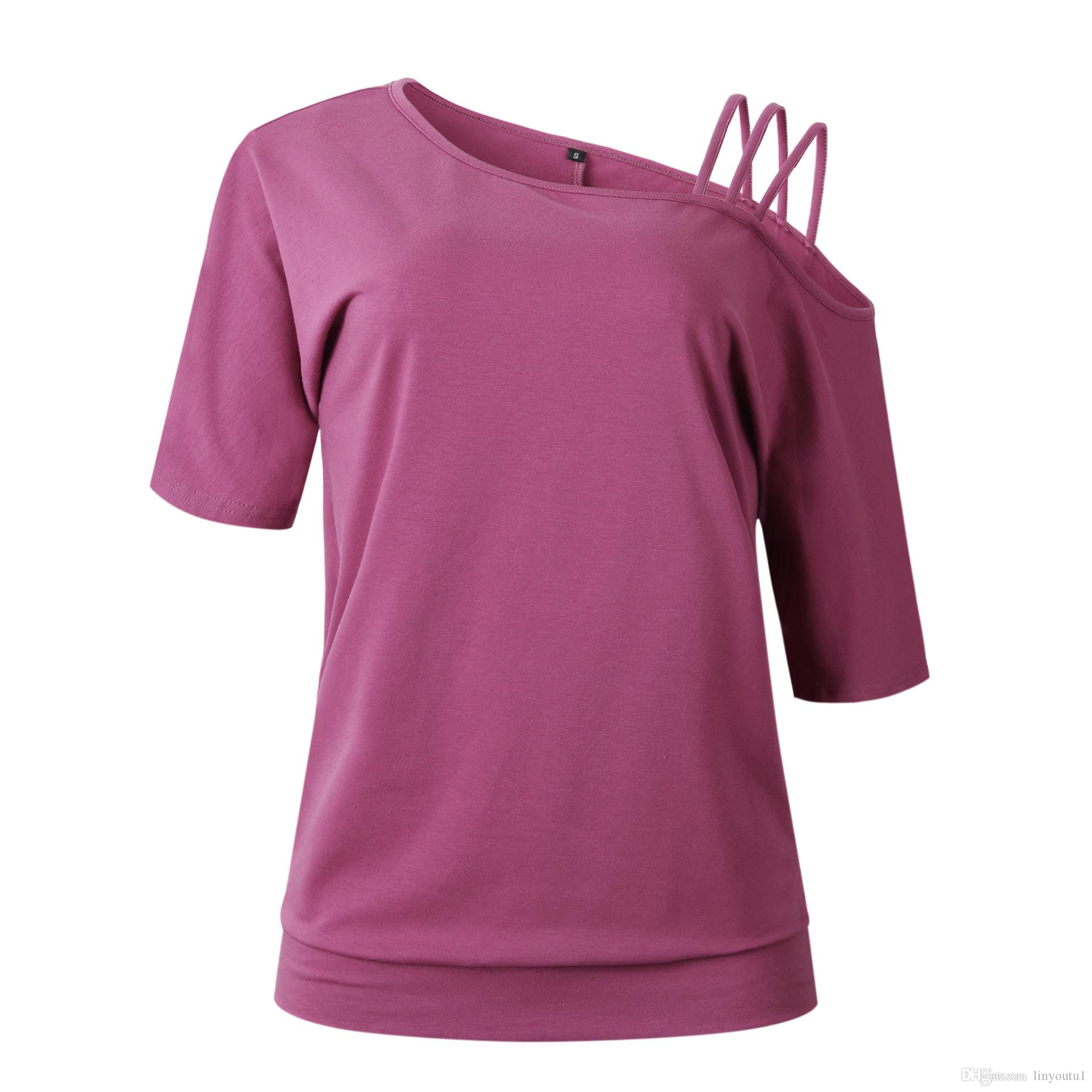2020 Loose Casual Short T-Shirts Women One Shoulder Off Sexy Cotton T-Shirt Short Sleeve 2019 Summer New Solid Tops Fashion Clothings