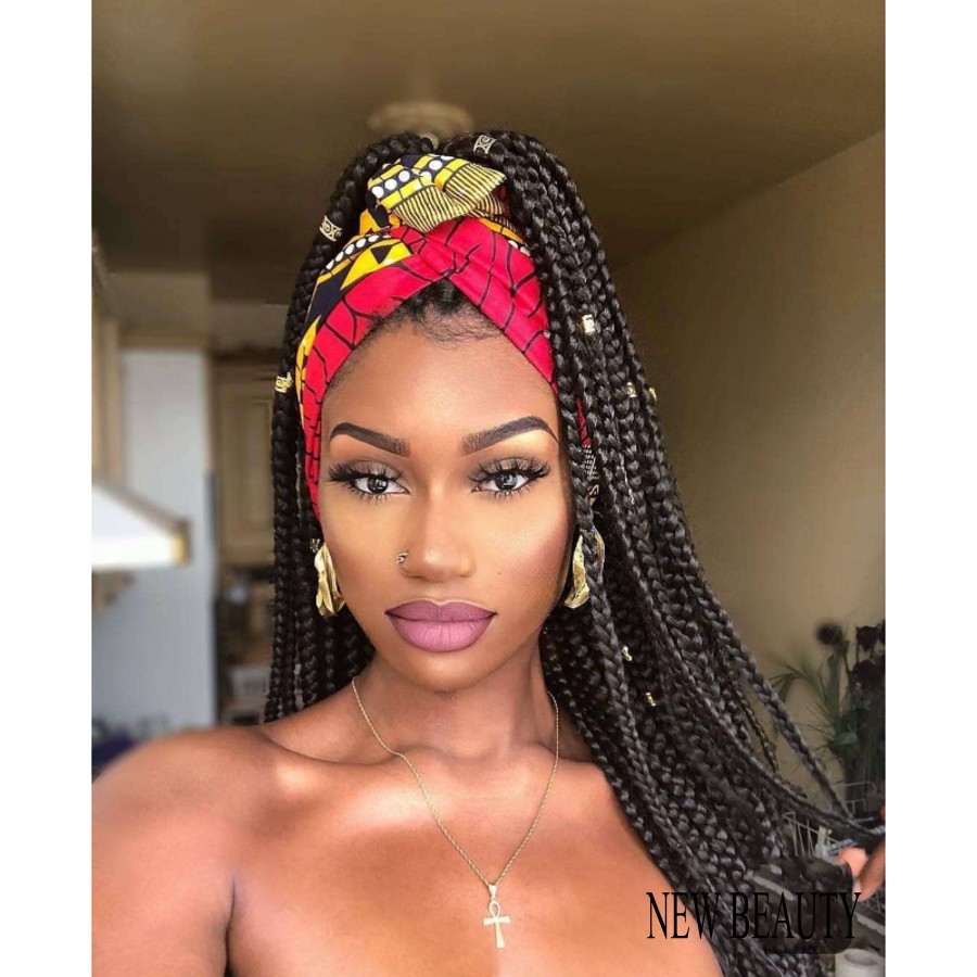 Long black/brown/blonde/burgundy color Jumbo Braids wig Synthetic Braiding Hair frontal medium braid lace front wig for black women
