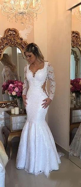 Sexy Lace Long Sleeve Mermaid Wedding Dresses 2020 Elegant Bridal Sweep Train Covered Buttons Wedding Gowns