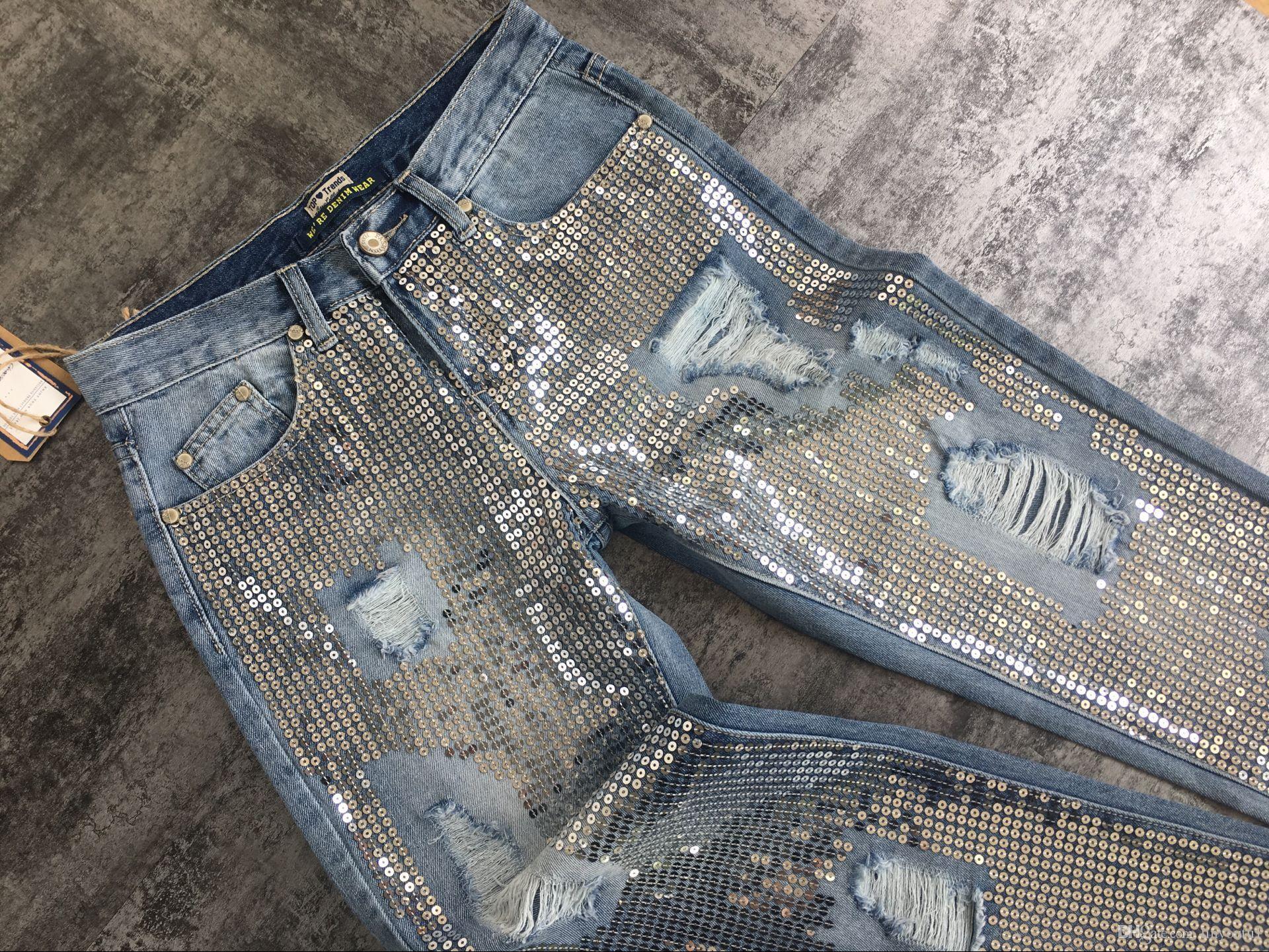 2020 Vintage Sequins Mom Jeans Boyfriend Ripped Jeans For Women Skinny Jeans Woman High Wais Denim Loose Large Sizes Female