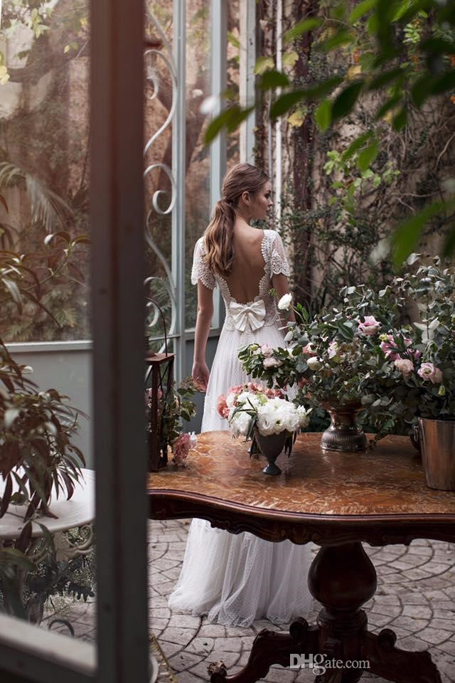 Asaf Dadush Dresses Bohemian V Neck Short Sleeve Lace Appliqued Wedding Dress A Line Beach Garden Bridal Gowns Robe De Mariee