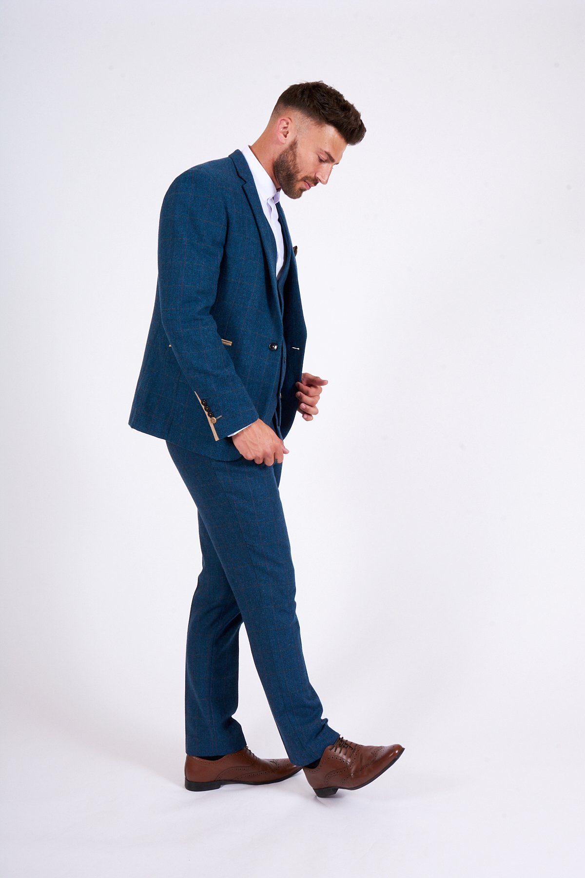 Blue Groom Wedding Tuxedos Tweed Notched Lapel Mens Pants Suits Gold Pocket 3 Pieces Formal Blazer Jackets