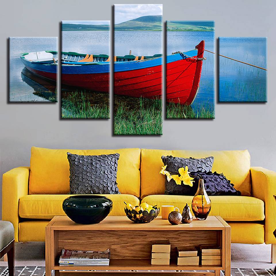 Printing Poster Modular Canvas Pictures Decor Home Living Room 5 Pieces Ship River Mountain Scenery Paintings (No Frame)