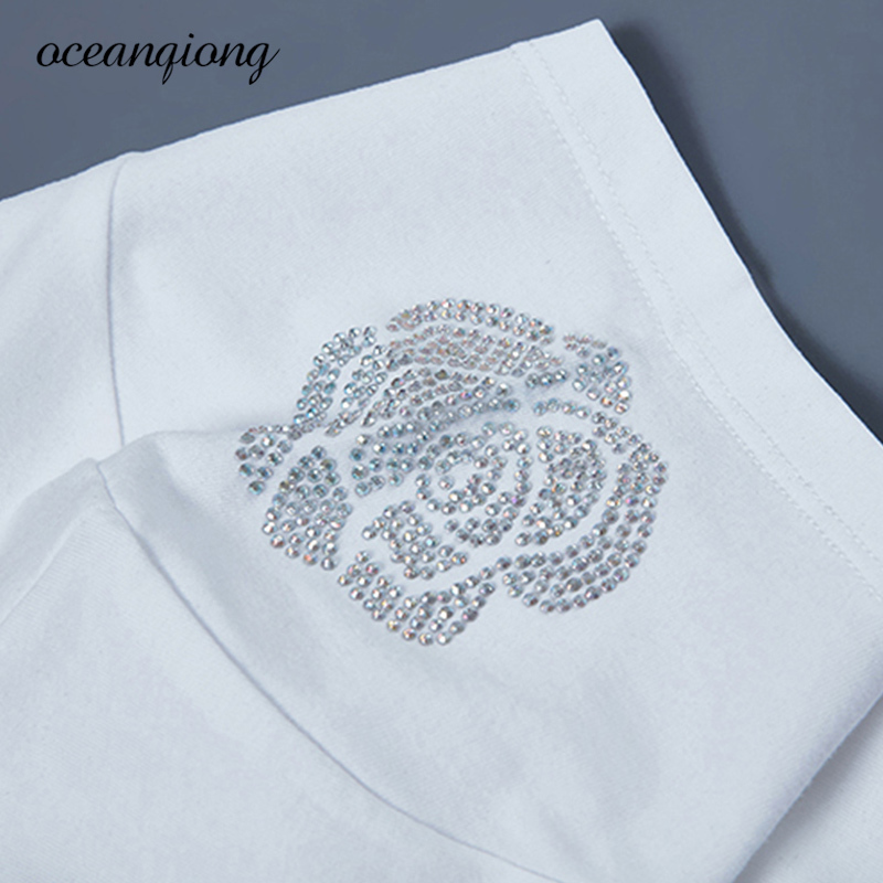 New Female T-shirts Silver Rose T-shirt Fashion Print Rhinestone Cotton T-shirts For Women Poleras De Mujer Summer Diamond Tops Y19072701