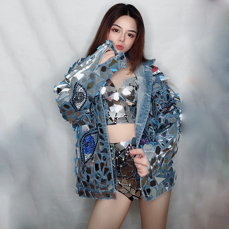 Sexy Bikini Stage Costumes Sparkly Silver Mirror Rhinestone Bra Short Denim Jacket Outfit Set Rave Women Dance Costumes DQS4600, As picture
Sexy Bikini Stage Costumes Sparkly Silver Mirror Rhinestone Bra Short Denim Jacket Outfit Set Rave Women Dance Costumes DQS4600, As picture