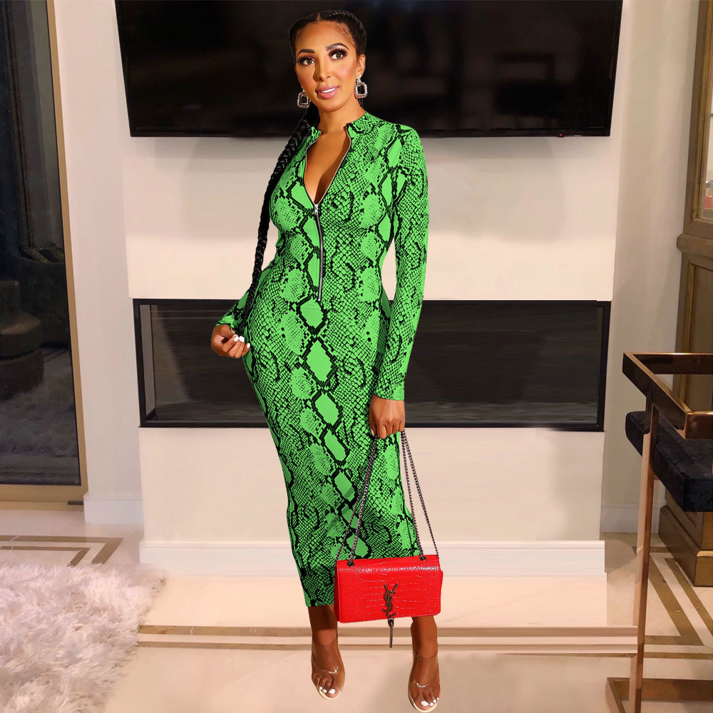 Echoine Sexy Snake Print Bodycon Long Sleeve Zipper Women Autumn Evening Party Night Dress Vintage Vestidos Outfits MX200327