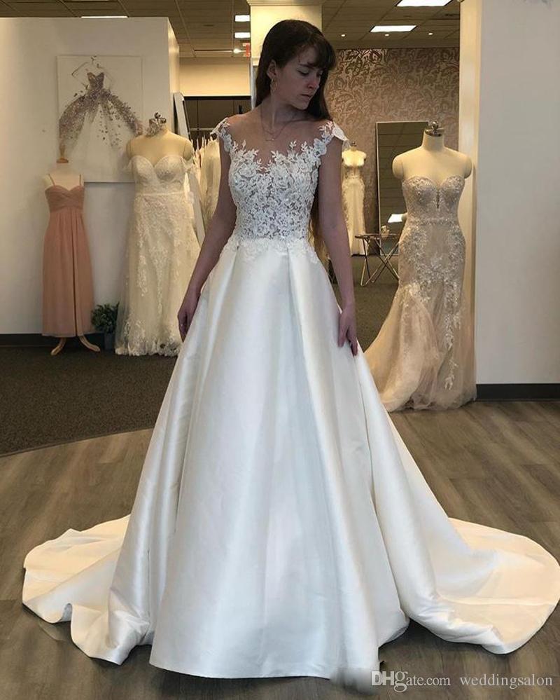 2019 Elegant Satin Beach Wedding Dresses Lace Appliqued Jewel A Line Boho Wedding Dress Sweep Train Vestidos De Novia Country Bridal Gowns