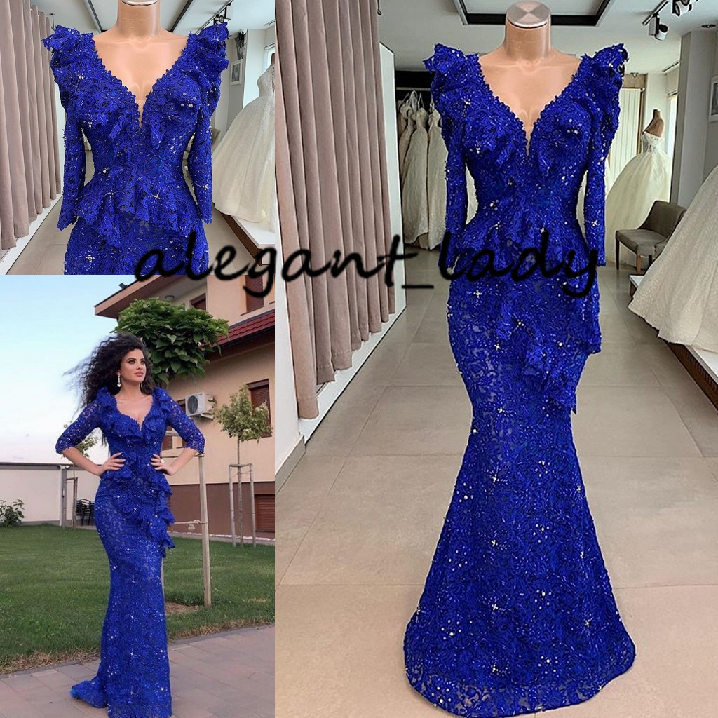 Royal Blue Lace Prom Formal Dresses with Long Sleeve 2020 Aso Ebi Modern V-neck Beaded Ruffles Peplum Mermaid Evening Reception Gown