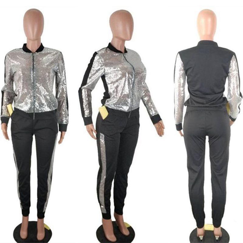 ZKYZWX Plus Size Sequin 2 Piece Set Women Fall Winter Festival Clothing Jacket Pant Two Piece Matching Sets Sexy Club Outfits