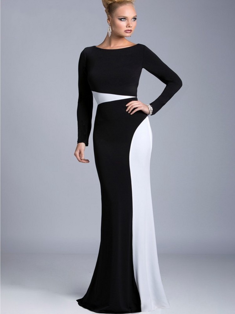 2020 Elegant Black and White Long Satin Formal Evening Dress Arabic Dubai Long Sleeve Mermaid Party Evening Gowns robe de soiree