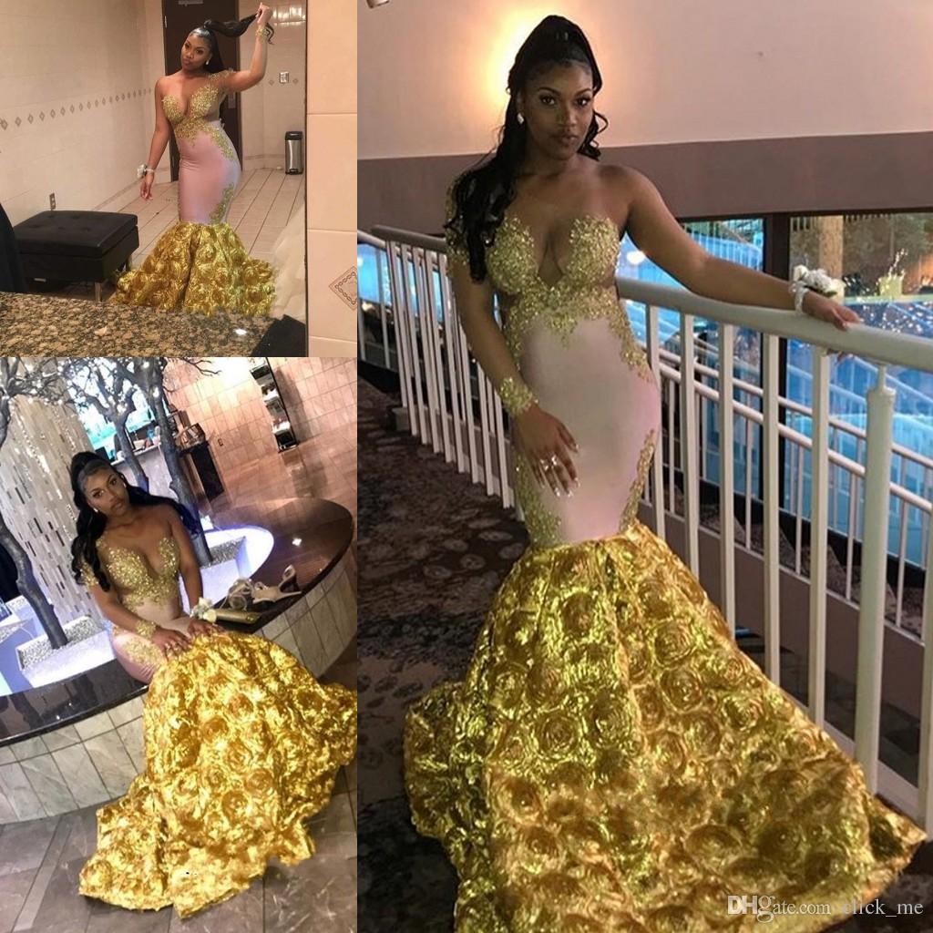 Gorgeous Long Sleeves Evening Dresses One Shoulder Gold Lace Appliques Mermaid Prom Dress With Flower Bottom Long Party Gowns African Wear