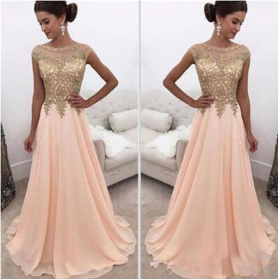 2020 Arab Evening Gowns A Line Formal Wear Sheer Scoop Neck Chiffon Long Prom Dresses With Gold Applique Beads