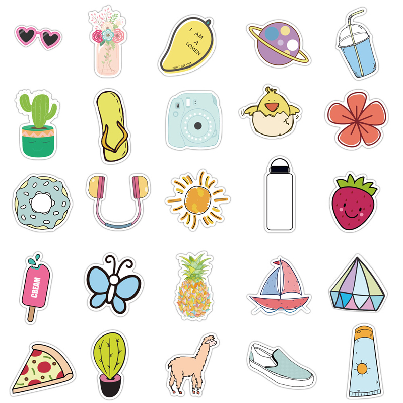 50pcs/Set Ins Style Yellow Pink Blue Cute Small Fresh Sticker Cup Computer Skateboard Waterproof Sticker Decoration Accessories