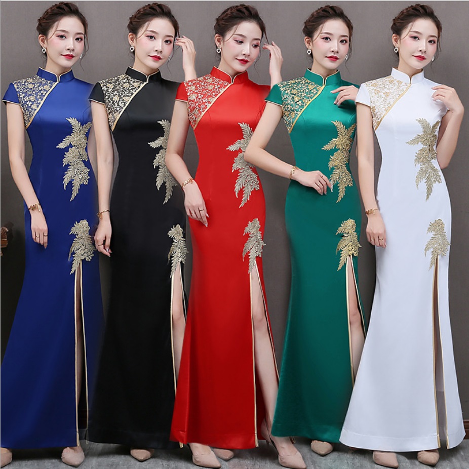 New Chinese traditional dress oriental qipao short sleeve national style party dress robe women Chinese modern cheongsam gown