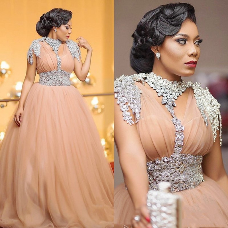 Aso Ebi Major Beading Evening Dresses Beaded Collar Short Sleeves Sequins Sash Plus Size Prom Dress Dubai Arabic vestidos de noite