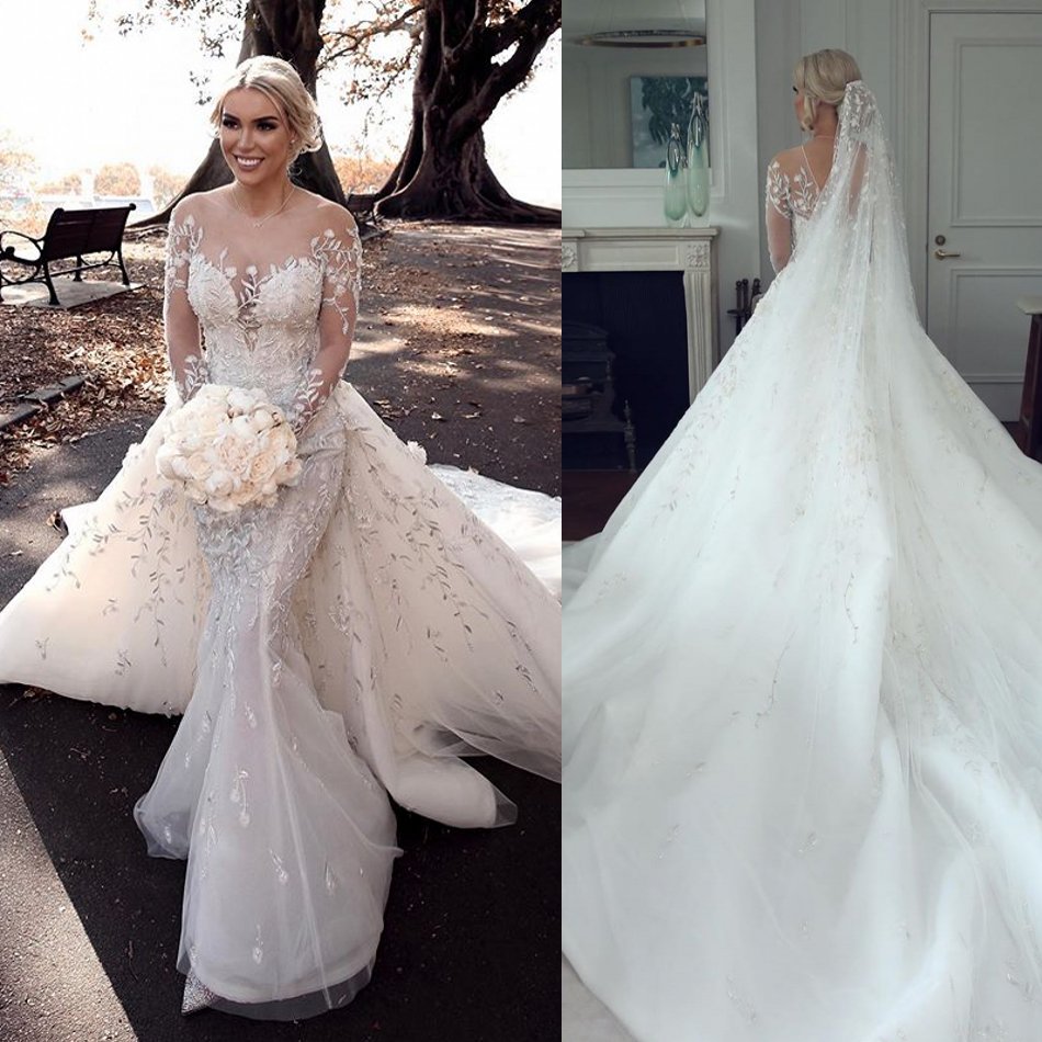 Gorgeous Wedding Dresses With Detachable Train Lace Appliques Beads Long Sleeve Mermaid Wedding Dress Jewel Neck Custom Made Robe De Mariee